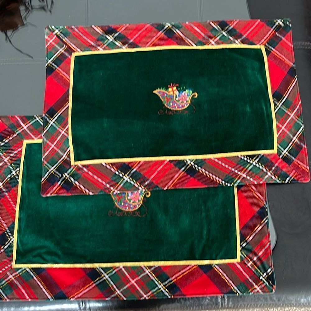 Martha Stewart Set of Two Christmas Plaid Placemats with Custom Embroidery